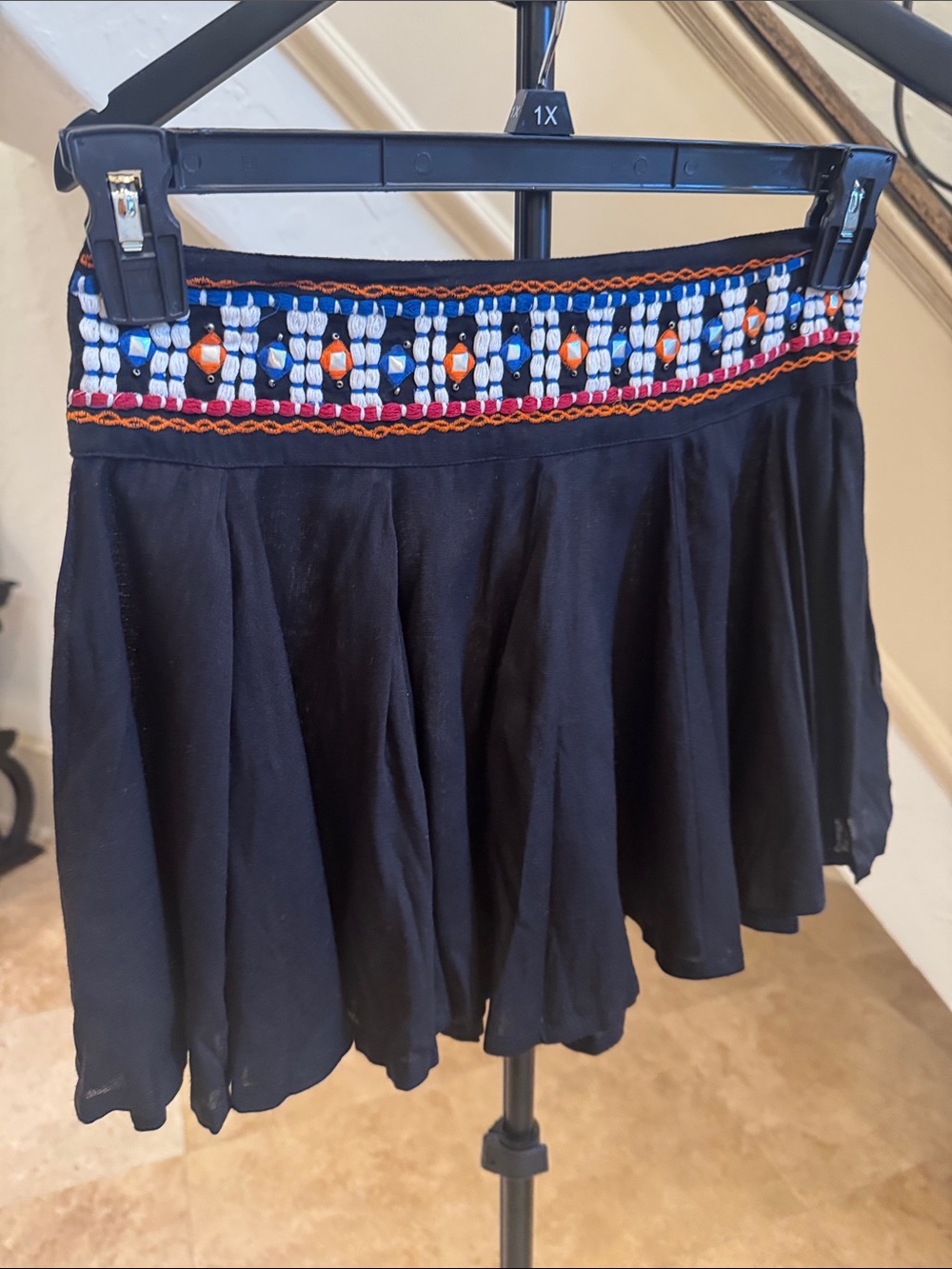 100% Cotton Anthropology Boho Festival Embroidered Waist Black Mini Skirt